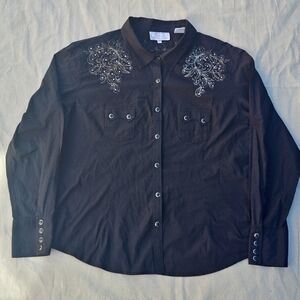 Panhandle Slim Women's Western Shirt XXL Black Embroidered Scroll Rhinestone